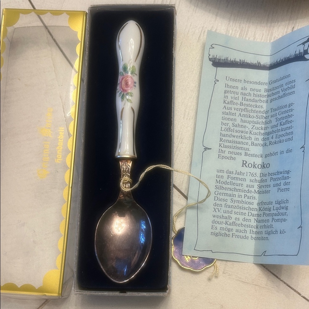 Hildesheimer Rose Rococo Porcelain Handle Cream Spoon➡️Antique 100 Silver Editi